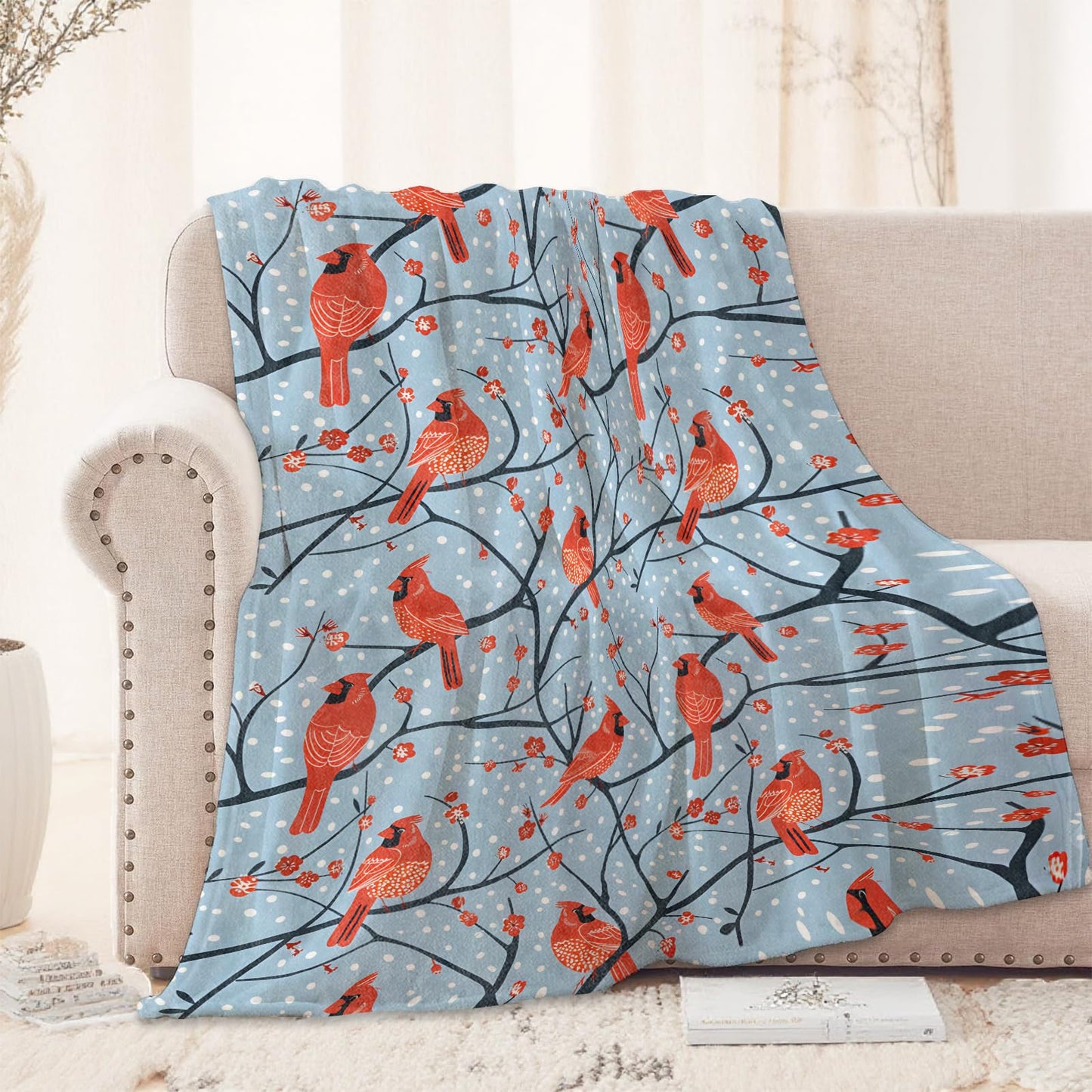 Cardinal Bird Pattern Blanket 50x60 in, Flannel Throw Blankets for Travel Camping Sofa Living Room Decor, Lightweight Cozy Soft Fuzzy Gifts for Women Adults Kids
