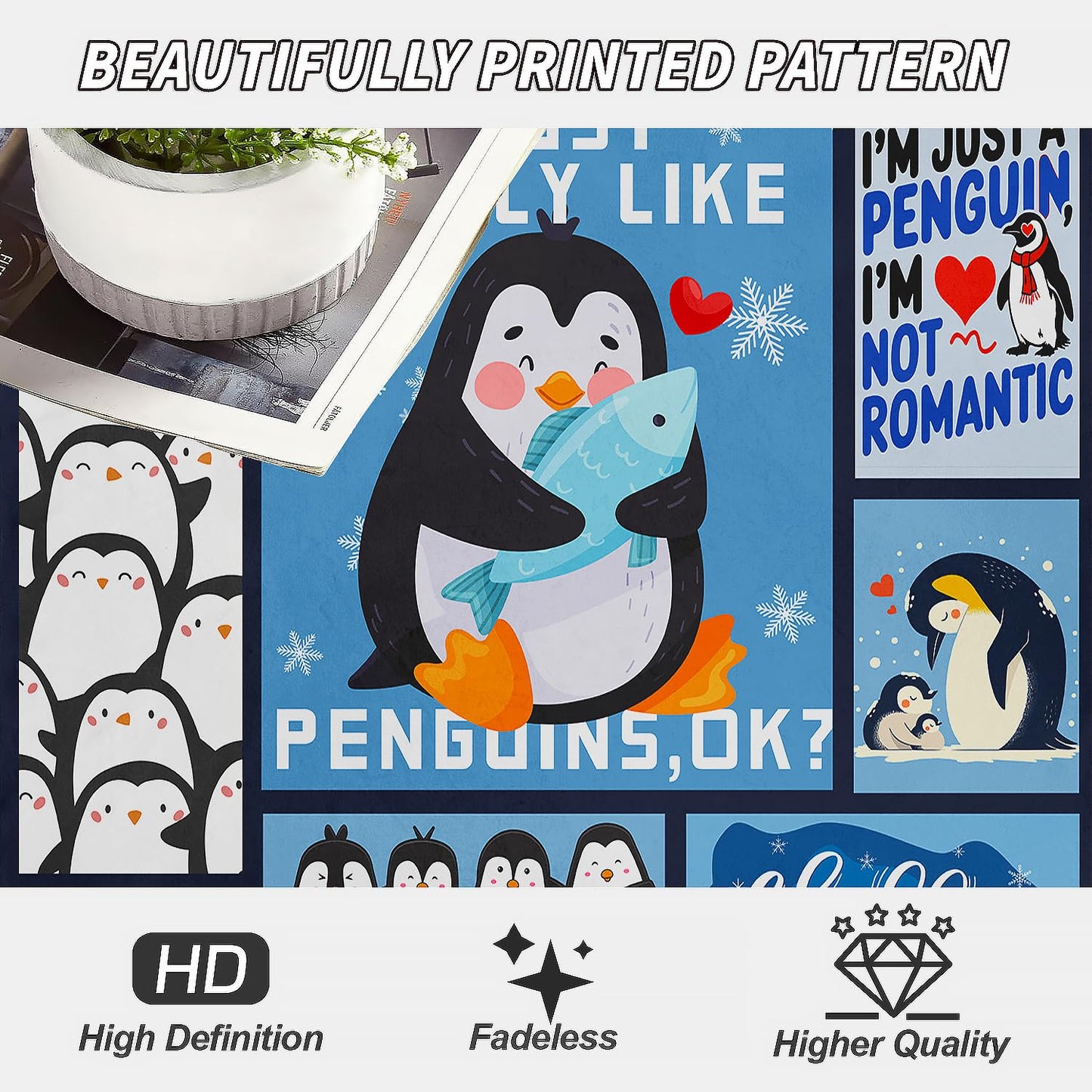 XSMEI Penguin Throw Blanket, Cute Animal Collage Design, Soft Cozy Fleece Blanket for Couch Bed, 60 x 80 Inches