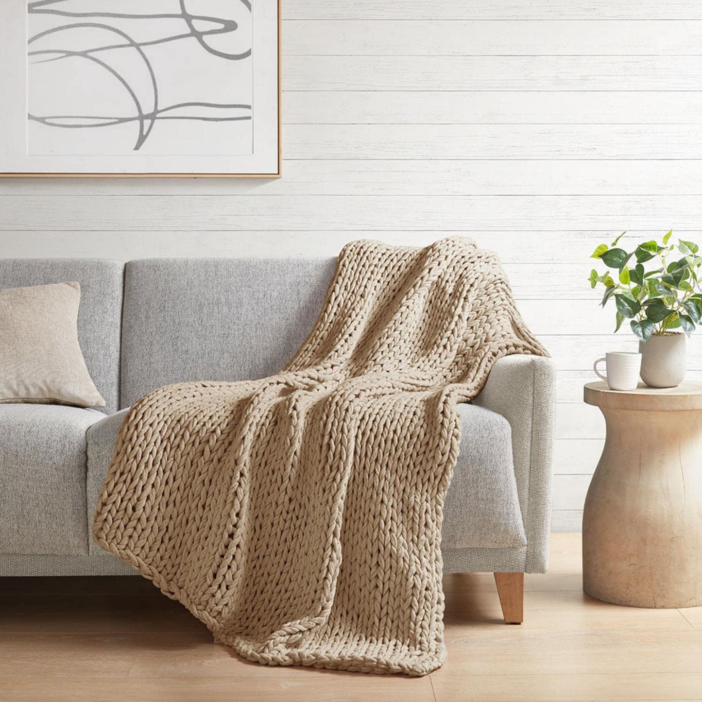 Madison Park Boho Throw Blanket, Soft Blanket Handmade Gift Home Decor, Lightweight & Breathable All Seasons Spring Chunky Knit Blanket, Knitted Throw for Couch, Bed Blanket, 50"x60" Tan