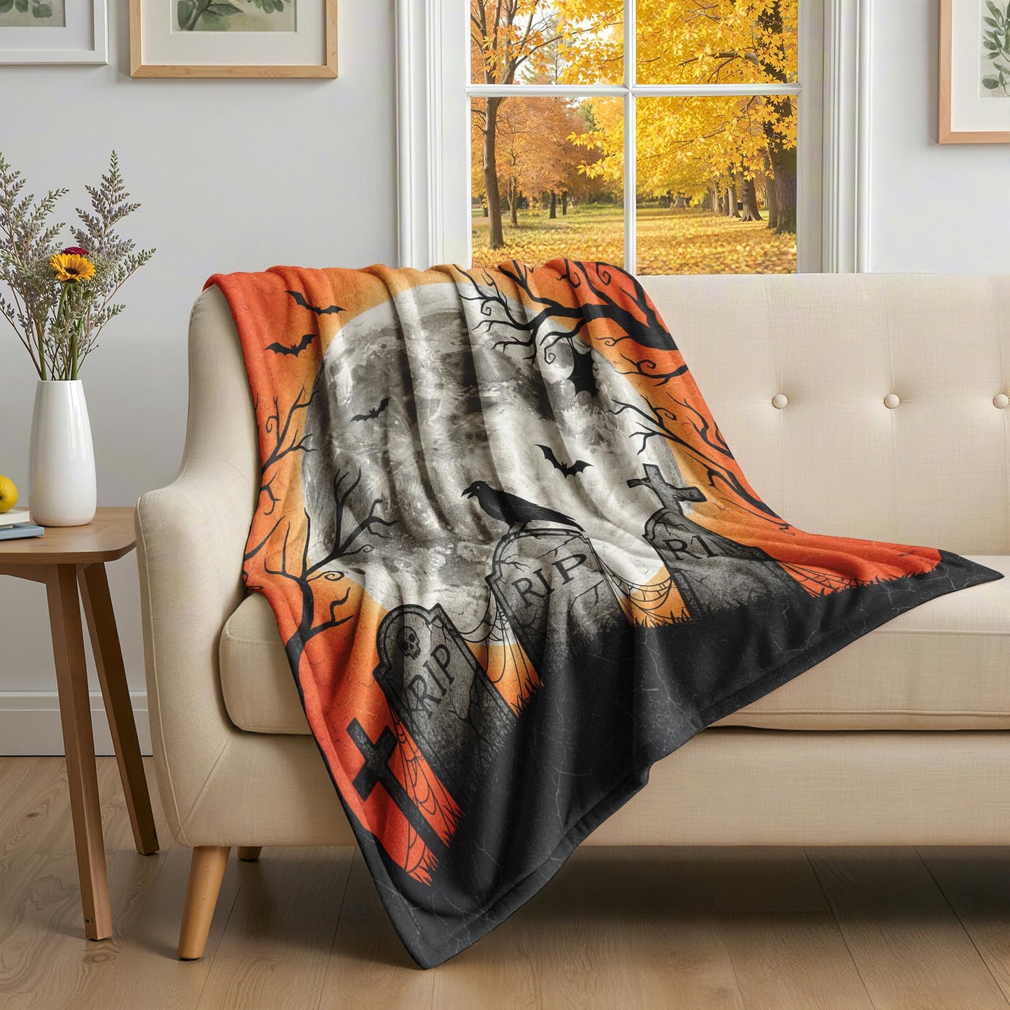 GEDAEUBA Halloween Blankets and Throws - Spooky Crow Bat Moon Tombstone Fleece Blanket Full Size, Soft Cozy Blankets & Throws for Couch, Bed, and Sofa, 84x90 inches