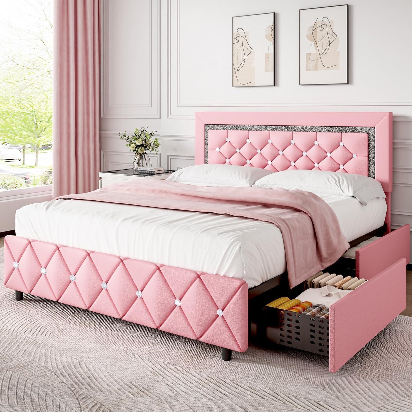 BarnFurin Full Size Bed Frame with LED Lights, Upholstered Bed Frame with Storage Drawers, Princess Platform Bed with Diamond Headboard and Footboard, No Box Spring Needed, Pink