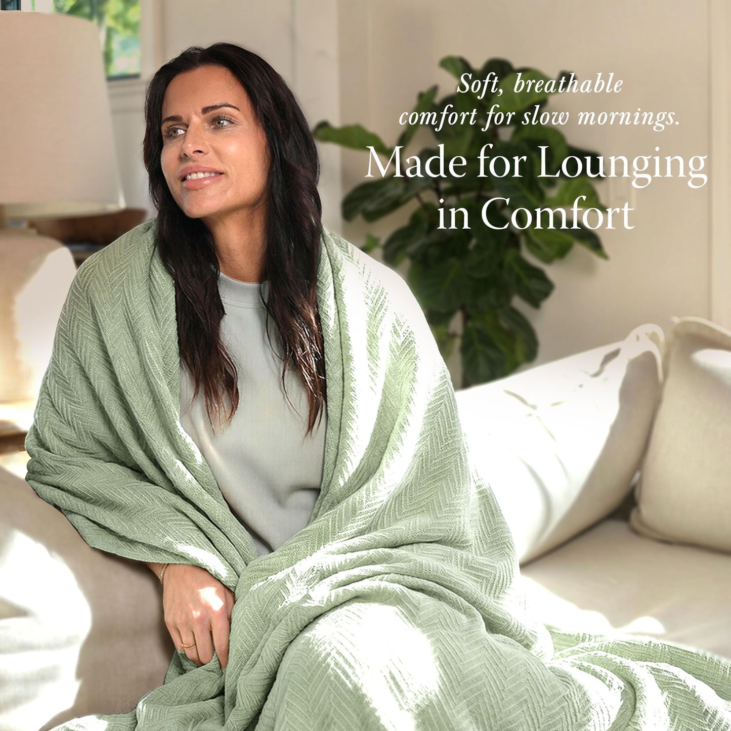 Threadmill Luxury Cotton King Size Blanket | All-Season Cozy Cotton Blankets for King Size Bed | Herringbone Soft Fall Thermal Blanket fits California King Size Bed 106 x 92 | Sage Green