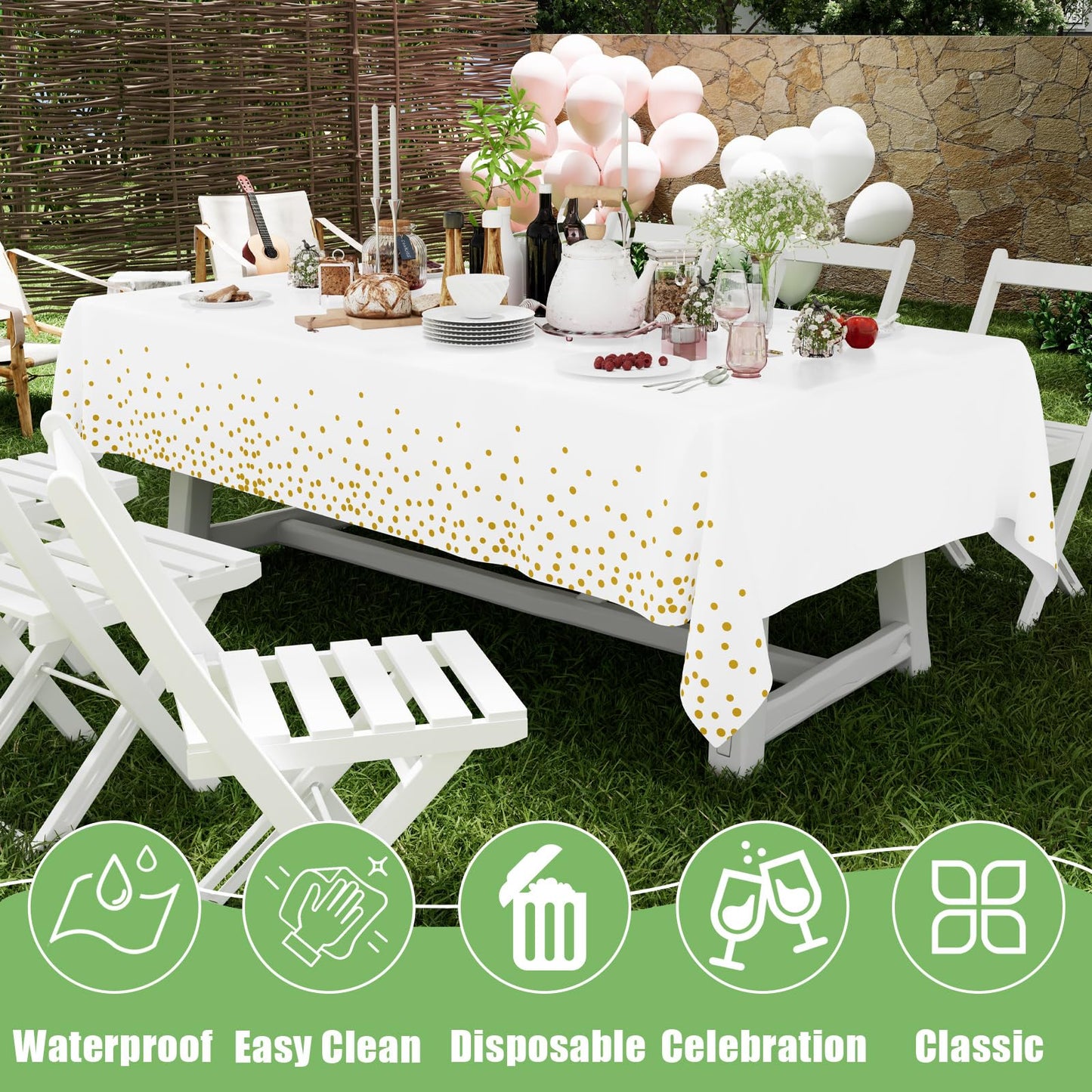 Smiry 3 Pack Dot Disposable Tablecloth, 54 x 132 Inch Waterproof Plastic Table Cloth, Decorative Table Covers for Picnic, Birthday, Party, Outdoor, Gold in White