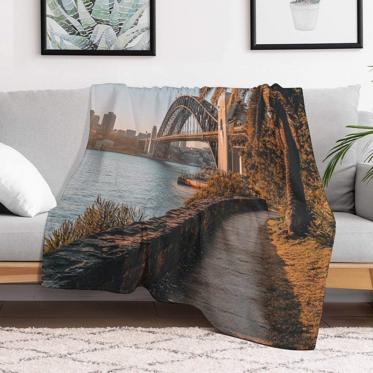 HDESDIS Modern City Bridge Throw Blanket, Soft Cozy Warm Sunset Harbour Skyline View Flannel Blankets for Sofa Couch Bed, 30x40 Inch