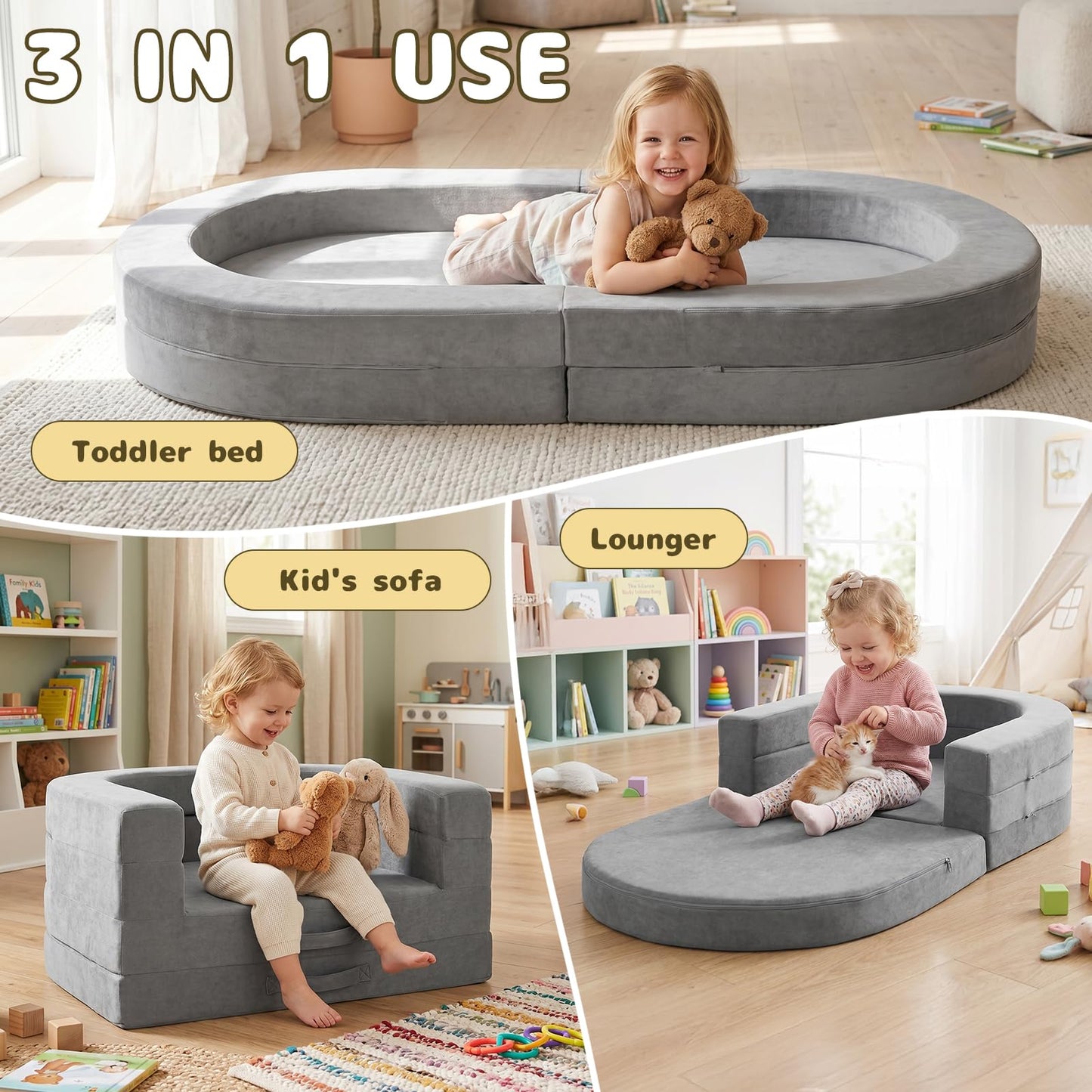 Tykacna Travel Toddler Bed, 3-in-1 Portable Foldable Toddler Chair,Soft Foam Floor Bed Lounger with Washable Cover,Grey