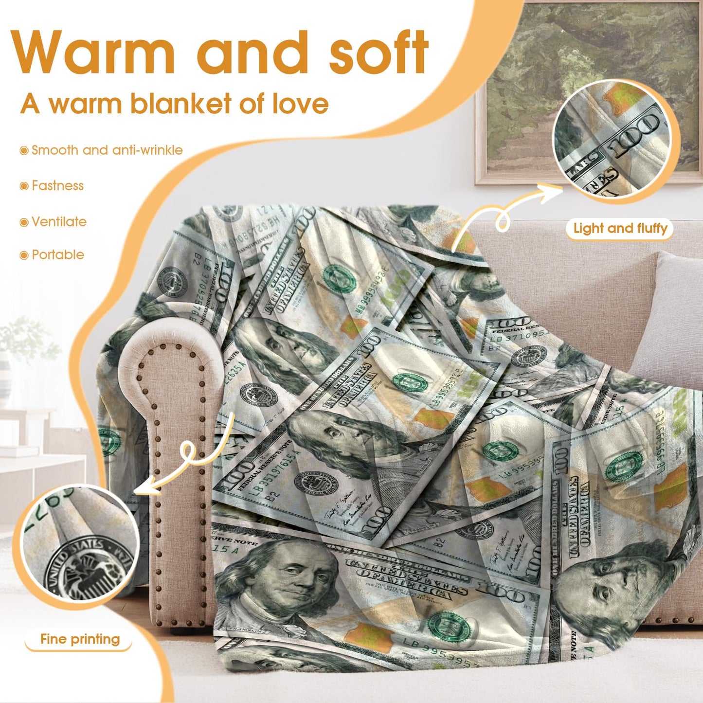 Hohoto USA Dollar Throw Blanket for Men Women, 100 Dollars Theme Decoration Gifts for Home Bedroom Living Room Couch Sofa 50"x60"