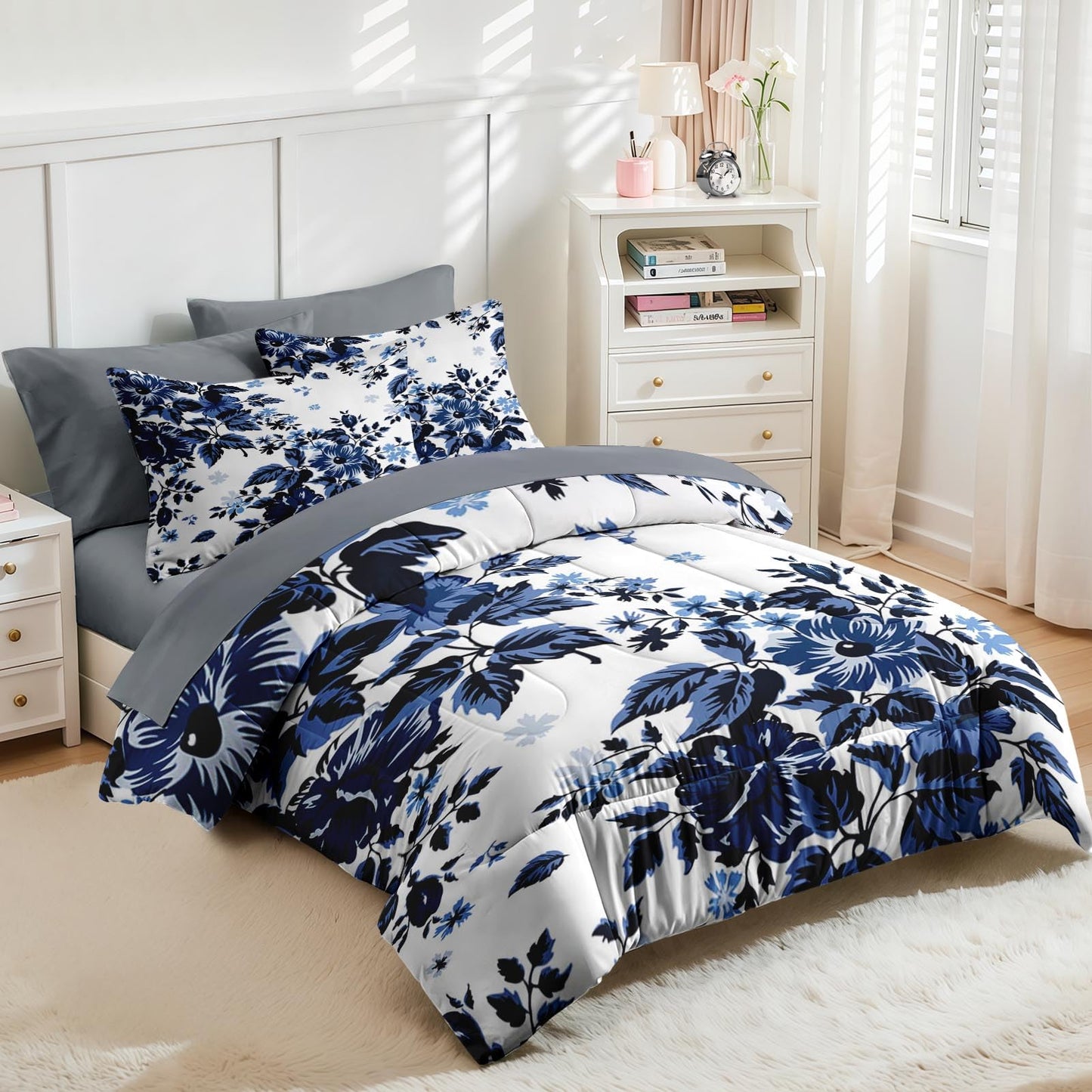 Nesker Comforter Set Full Size, Spring Floral Navy Blue 7 Pcs Bedding for Kids and Adults, Flower Modern Classic Bed Sheet Sets with Fitted Sheet 2 Pillowcases & 2 Shams
