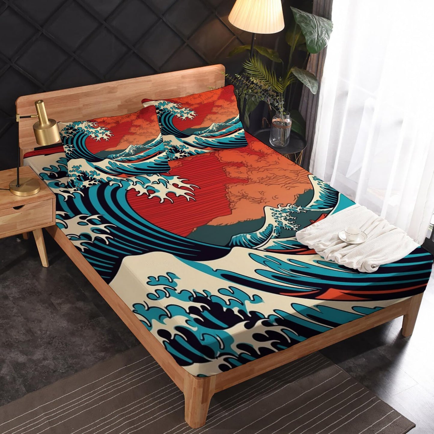 Japanese Wave Sheets King Sheet Sets - Hokusai Bed Sheets, Soft Microfiber & Deep Pocket & Wrinkle Free Patterned Bedding Sheets & Pillowcases, 4 Piece ( 1 Fitted Sheet, 1 Flat Sheet, 2 Pillow Cases )