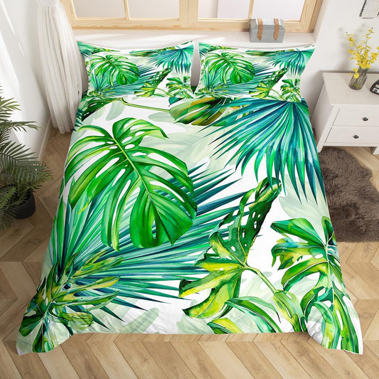 Erosebridal Tropical Bedding Tree Duvet Cover Set King Size Green Plant Palm Leaves Comforter Cover 3PC Jungle Botanical Leaf Duvet Cover+ 2 Pillow Shams for Kids Adult Room Decor