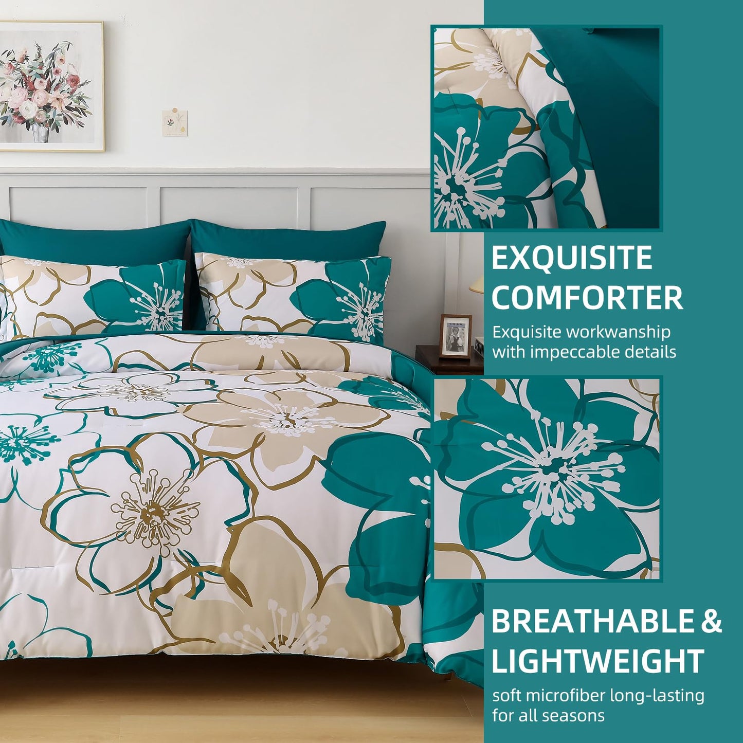 Anibedding 7Pieces Teal Grey Floral Comforter Set Queen Size, Soft Microfiber Grey Blue Bed in a Bag Comforter Set with Sheets for All Season