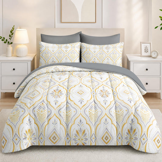 Boewywh Comforter Set Twin Size Geometric Gold Boho 7 Pcs, Bedding for Kids and Adults, Moroccan Floral Bed Sheet Sets with Fitted Sheet 2 Pillowcases & 2 Shams for Bedroom Bed Decor