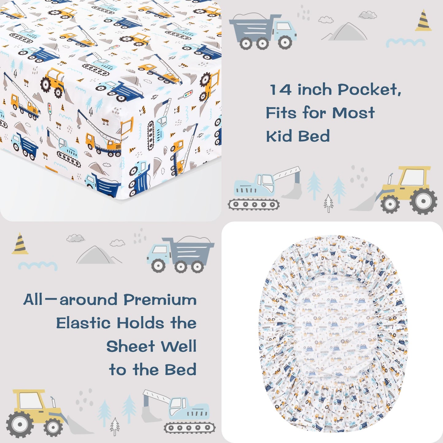 lasoftan Kids Sheet Set Twin Size 3 Pcs, Boys Sheet Set with Blue Excavator Car Pattern，Kids Boys Twin Fitted Sheet，Breathable & Silky Soft Microfiber Fitted Sheet
