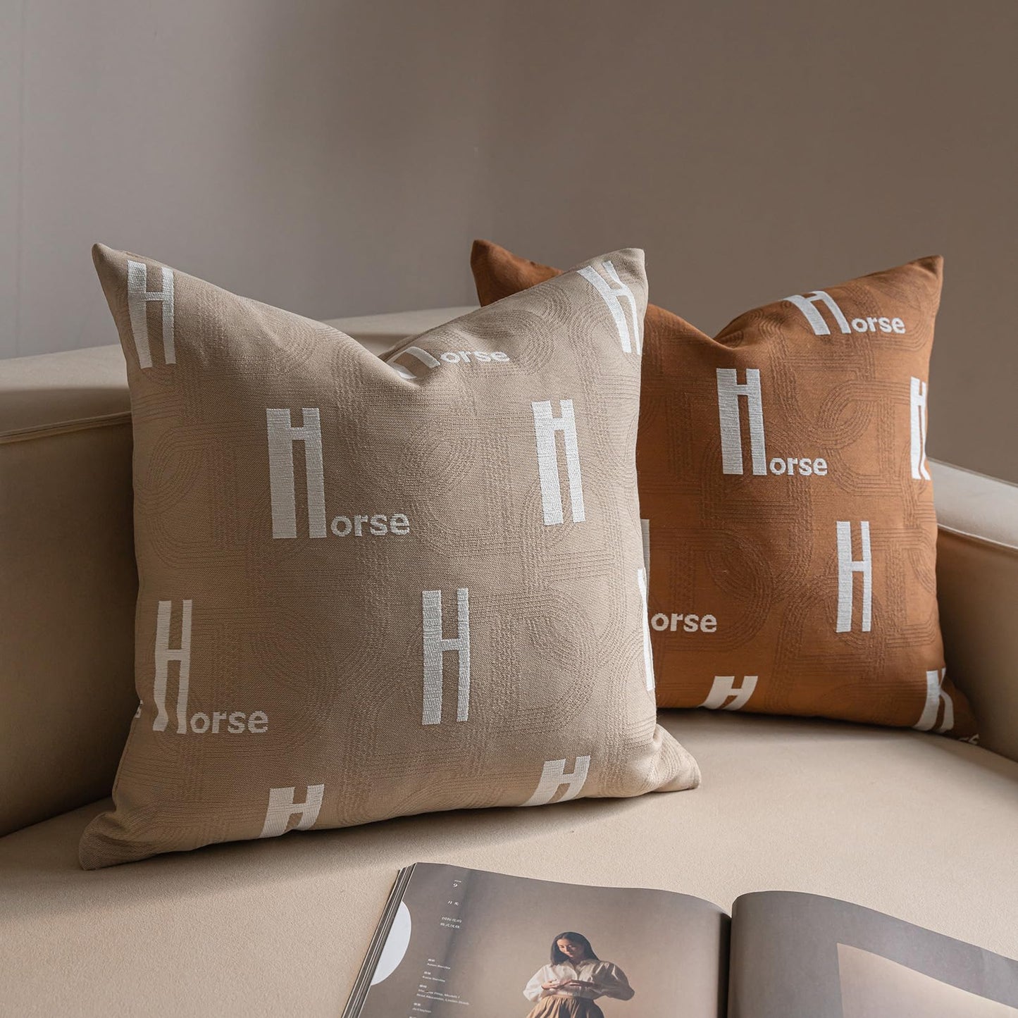 Croker Horse 20x20'' Inches Throw Pillow Cushion Cover - Beige H Letter Embroidery Modern Fashion Style Couch Sofa Pillow Cover for Living Room Bedroom
