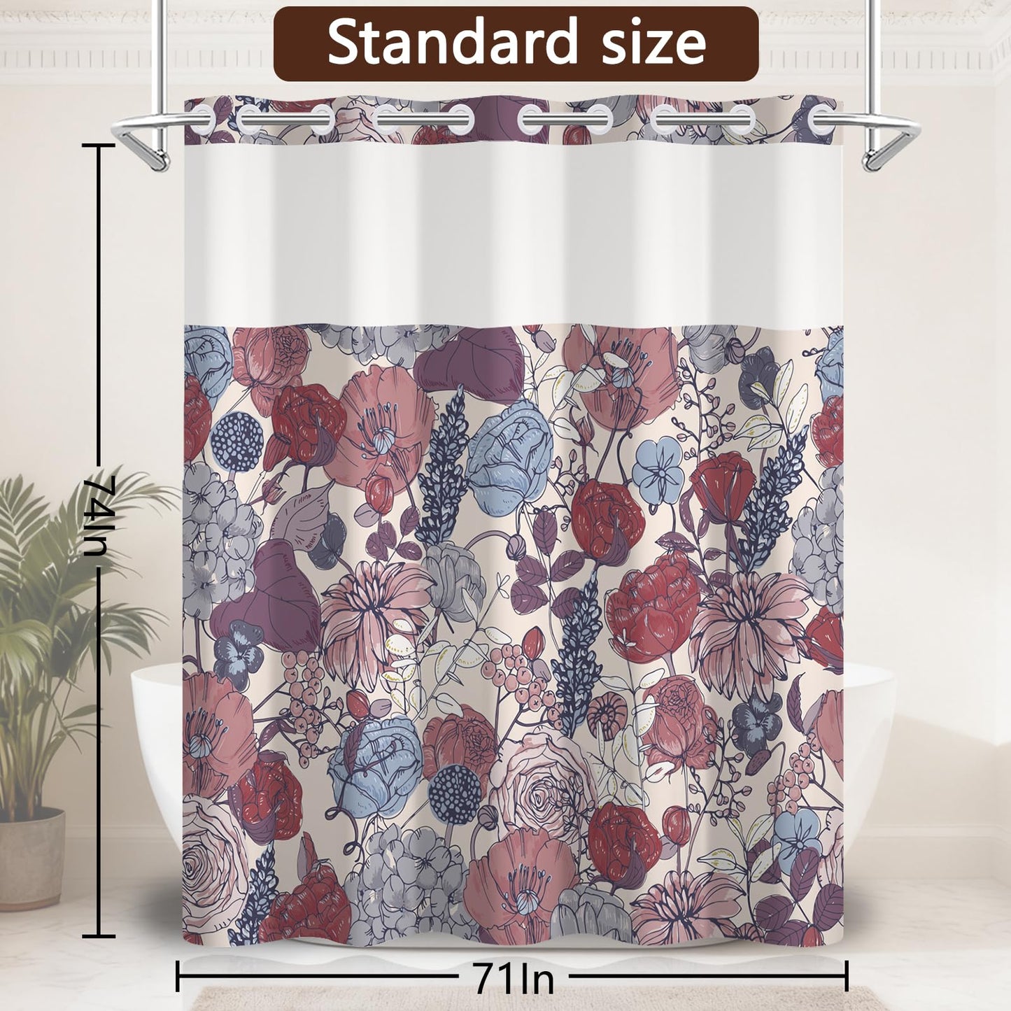NAEMBCU No Hook Shower Curtain with Snap-in Liner 71x74 Inch