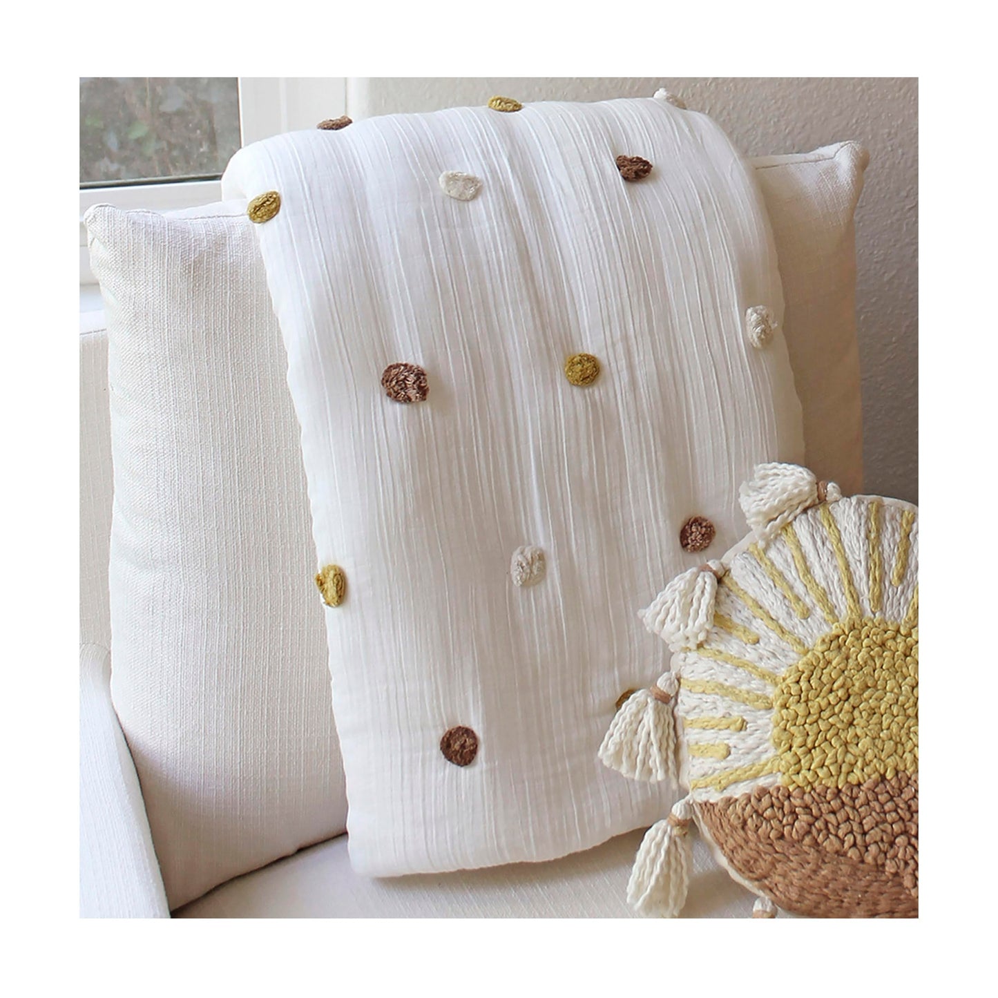 Crane Baby Blanket, 36” x 36”, Soft Cotton Pom Pom Nursery Blanket for Boys and Girls, Cream