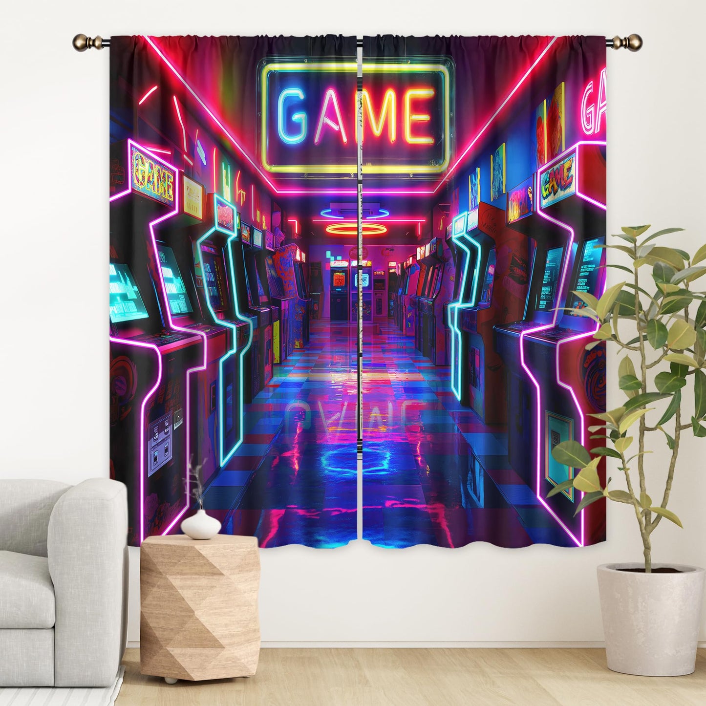 LIGHTINHOME Neon Arcade Game Curtains 42Wx63H Inch Retro Gamer Video Arcade Gaming Cool 80s 90s Window Curtains for Boys Bedroom Kids 2 Panels Rod Pocket Living Room Window Drapes Treatment Fabric