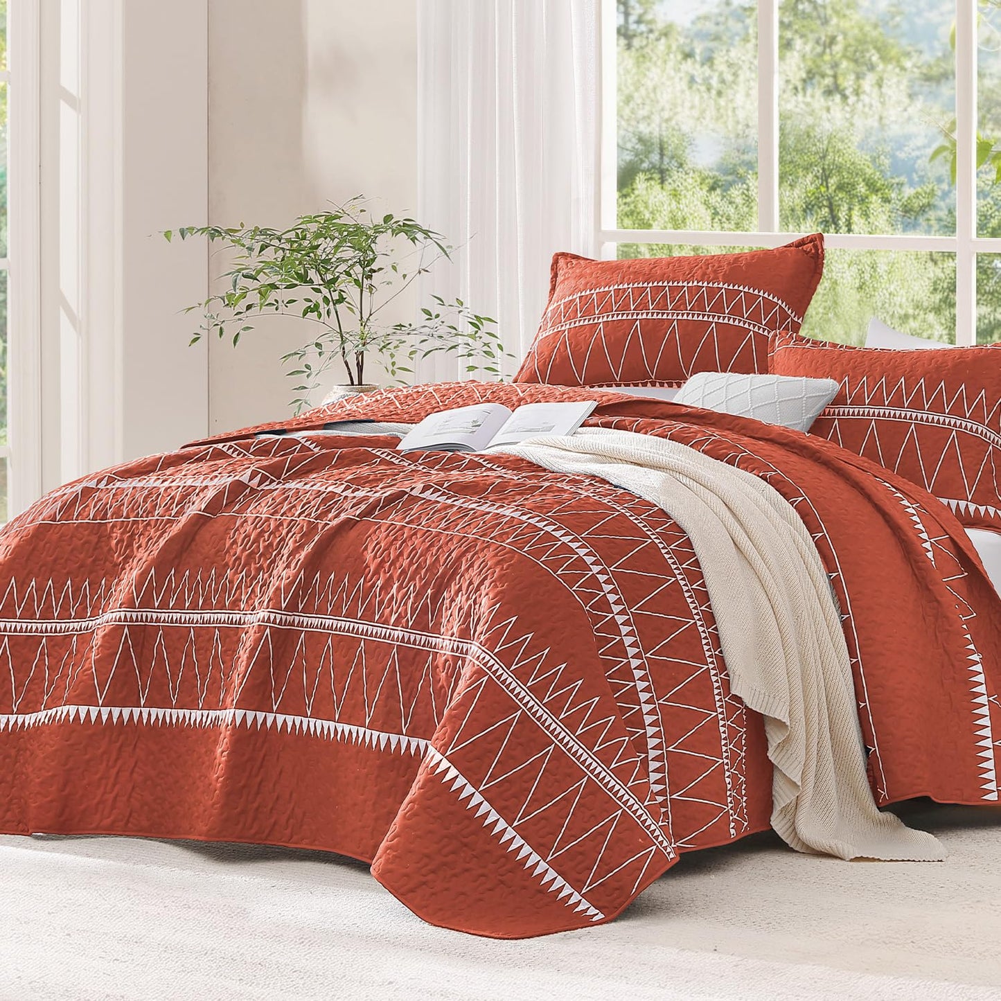 Andency Terracotta California King Quilt Set, 3 Pieces Boho Lightweight Soft Striped Cal King Bedspread for All Season (112"x104"), Printed Bohemian Polyester Reversible Coverlet Comforter Sets