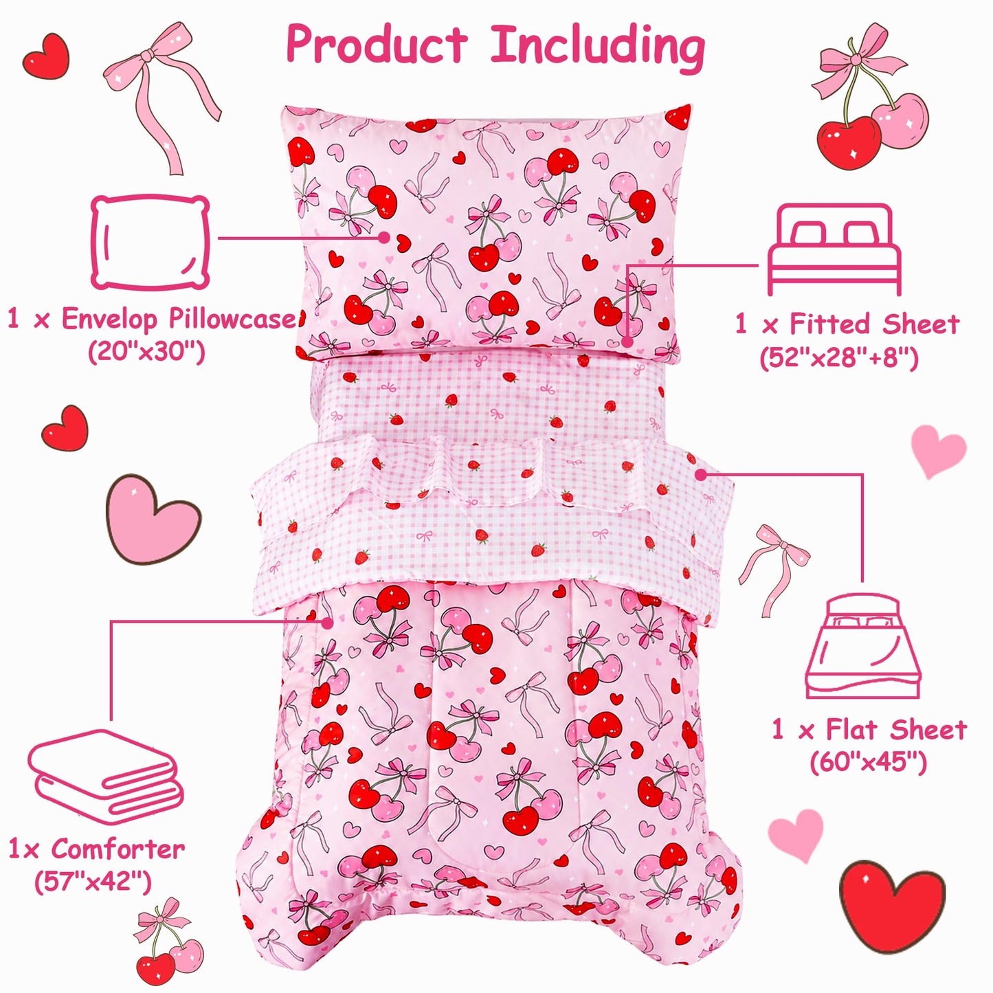 Mooreeke 4 Pieces Toddler Bedding Set - Pink Cherry Bow Toddler Comforter Sets for Girls, Includes Comforter, Flat Sheet, Fitted Sheet and Pillowcase, Bed in A Bag for Baby Bedroom