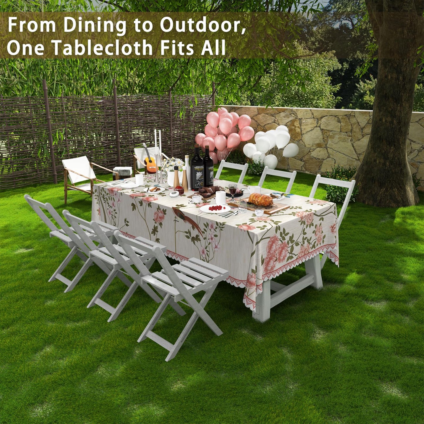 Waterproof Canvas 60 x 84 Inch Rectangle Table Cloth, Floral and Birds Pattern Stain Resistant Summer Outdoor Tablecloth, Heavy Duty Washable Dining Table Cover for Farmhouse, Dinner, Picnic, Party