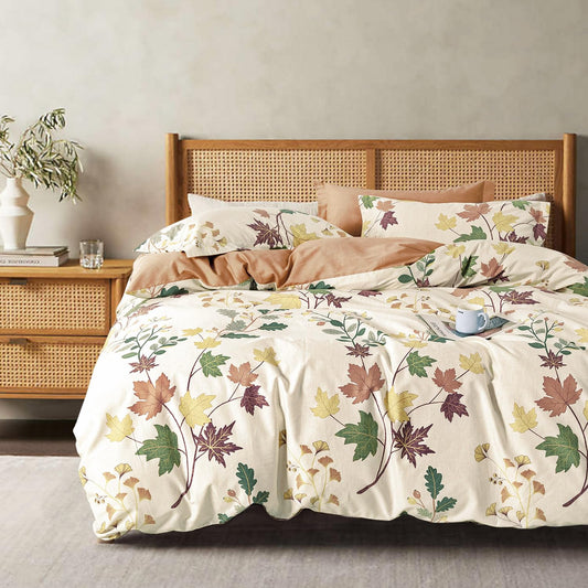 LEMIROE Botanical Cotton Comforter King Size - Luxurious Design with Maple Leaves and Branches on Beige, Textured Maple Orange Back, 3PC Lightweight Bedding Set with Ultra-Soft Alternative Fill
