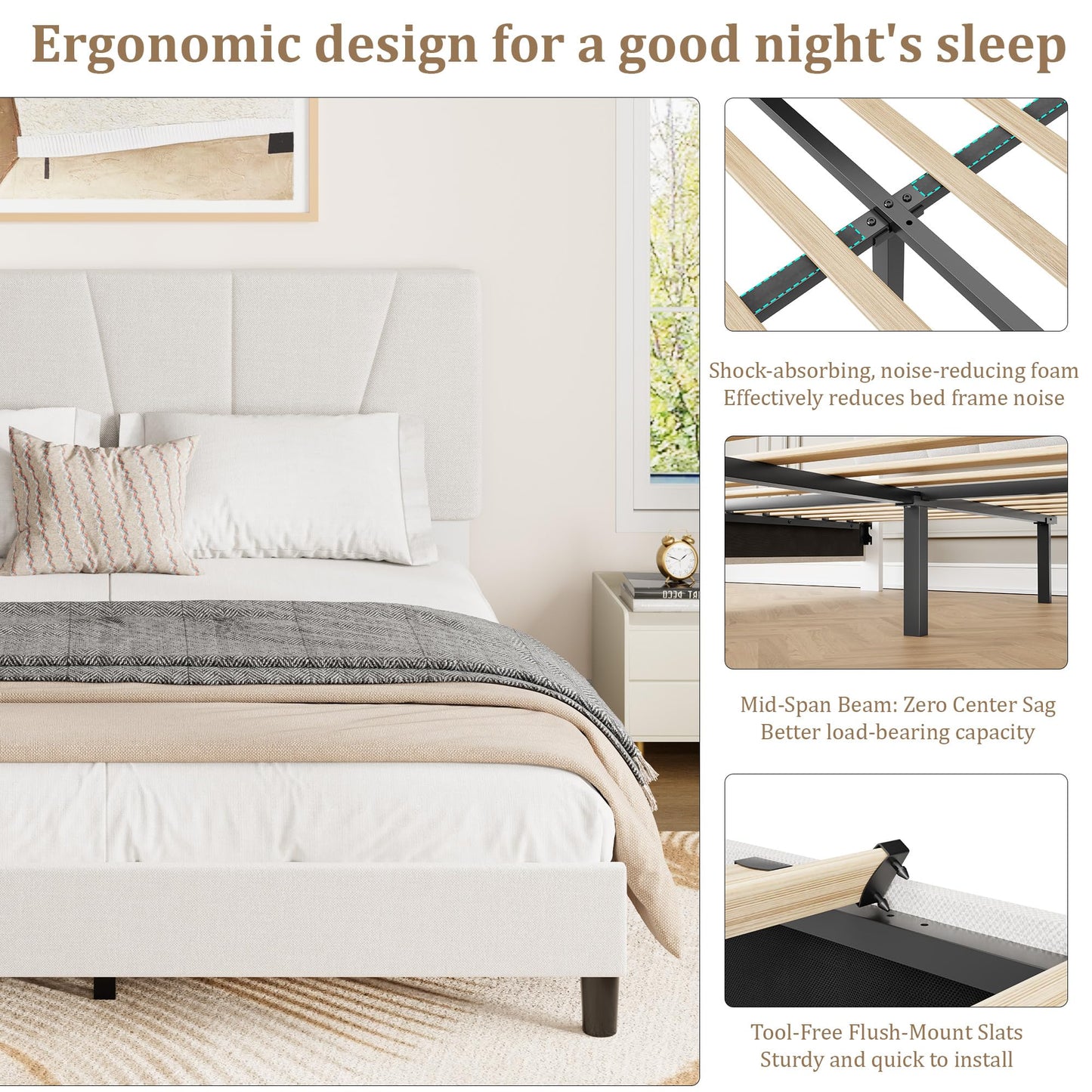 IDEALHOUSE Full Size Bed Frame with Upholstered Headboard, Heavy Duty Platform Bed Frame with Strong Wood Slats, Adjustable Headboard, Noise-Free, No Box Spring Needed, Easy Assembly