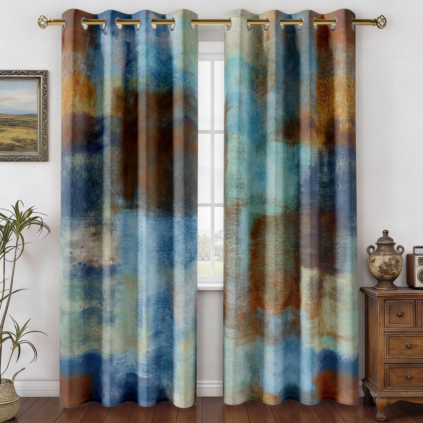Asuexpect Abstract Curtains 2 Panels Abstract Rust Curtain Room Darkening Grommet Window Treatments Modern Decorative for Bedroom Living Room, 52x84 Inches, Blue Rust