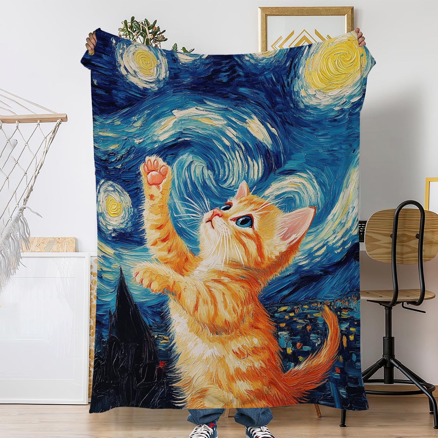 Throw Blanket for Couch,Cute Cat Plush Fall Throw,Blue Starry Sky Soft Fluffy Blanket for Sofa Decoration,Flannel Fleece Blanket for Naps,Reading,Traveling,Camping,50 X 60 Inch
