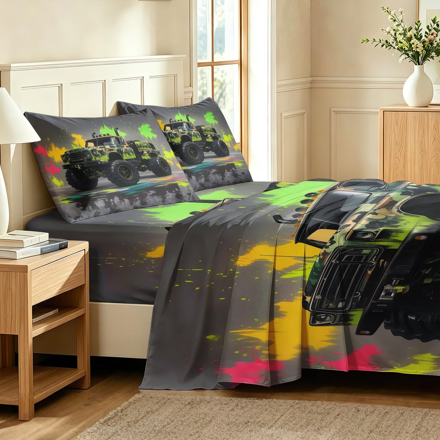 Monster Truck Queen Bedding Set Off Road Sheet Sets, Green