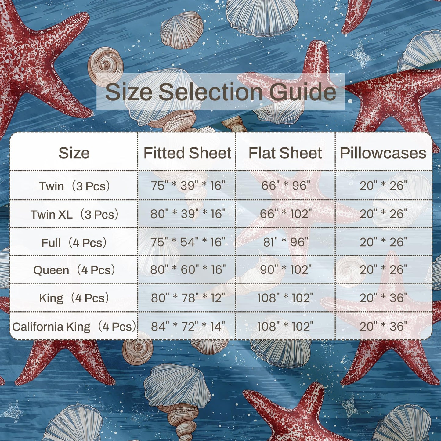 Starfish Queen Sheet Set Seashell Flat Fitted Sheet Sets