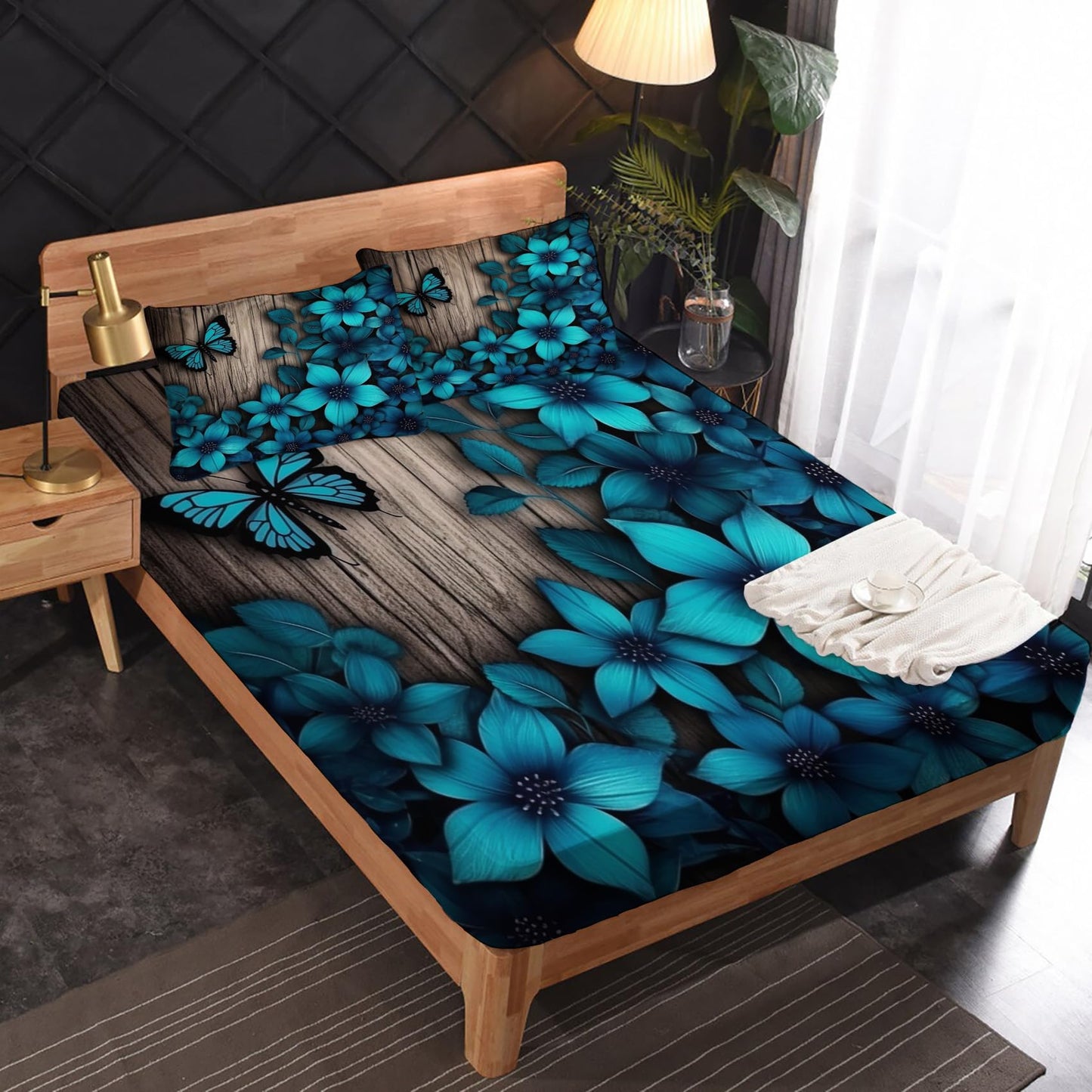 zcsm Rustic Wooden Sheets King Size - Turquoise Butterfly Floral Bed Sheets, Soft Microfiber & Deep Pocket & Wrinkle Free Bedding Sheets & Pillowcases, 1 Fitted Sheet, 1 Flat Sheet, 2 Pillow Cases
