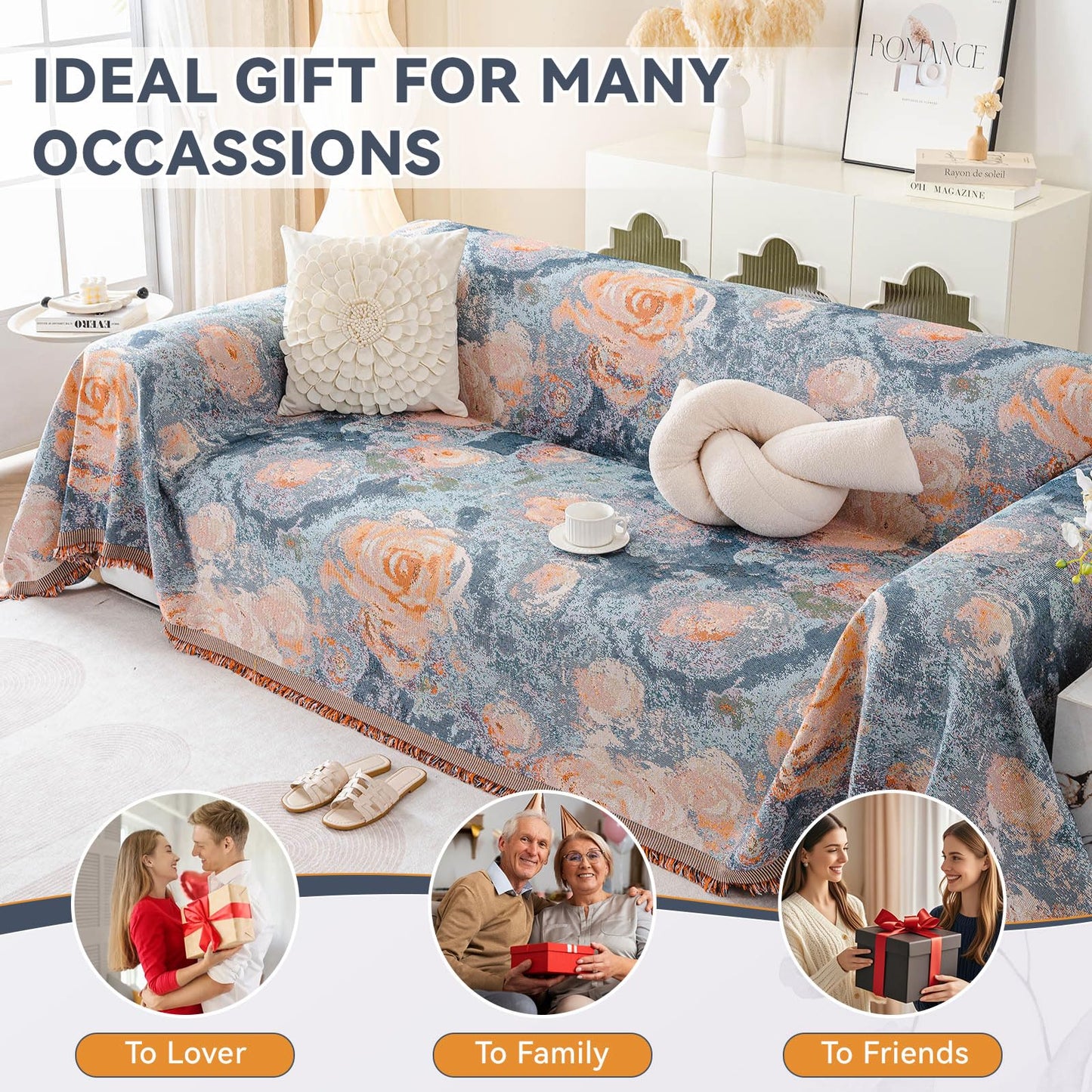 VClife Flower Couch Cover for Sectional Sofa Washable Sofa Cover, Modern Peach Blue Flower Sofa Couch Cover Breathable Anti-Slip Cotton Linen Sofa Slipcover with Tassel Aesthetic Sofa Cover 71"x118"