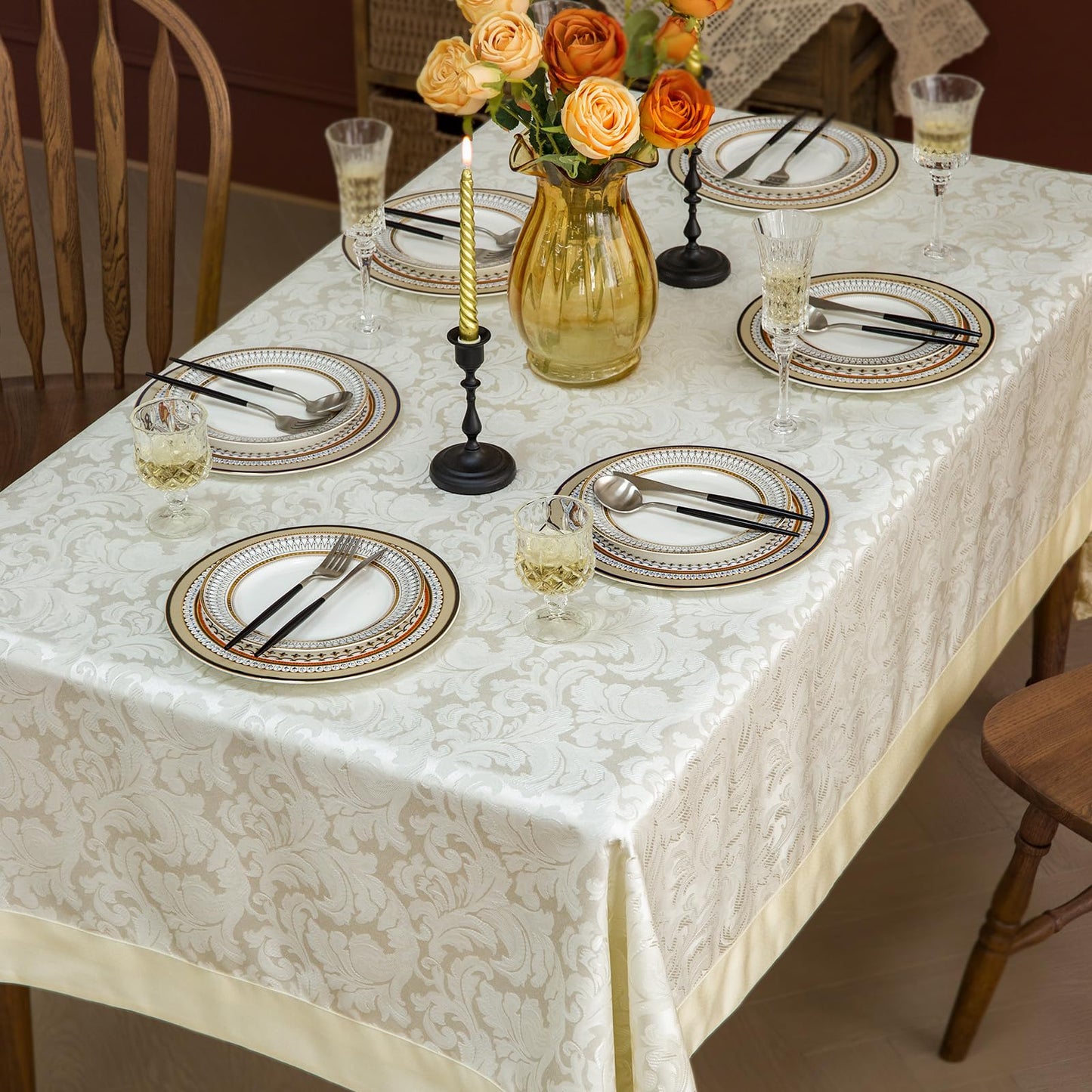 GLORY SEASON Emboss Style Textured Tablecloth Waterproof Solid Bordered Retro Tablecloths Classic Luxurious Washable Rectangle/Oblong Table Cloth,Kitchen Dinning Decor 60x84 Inch