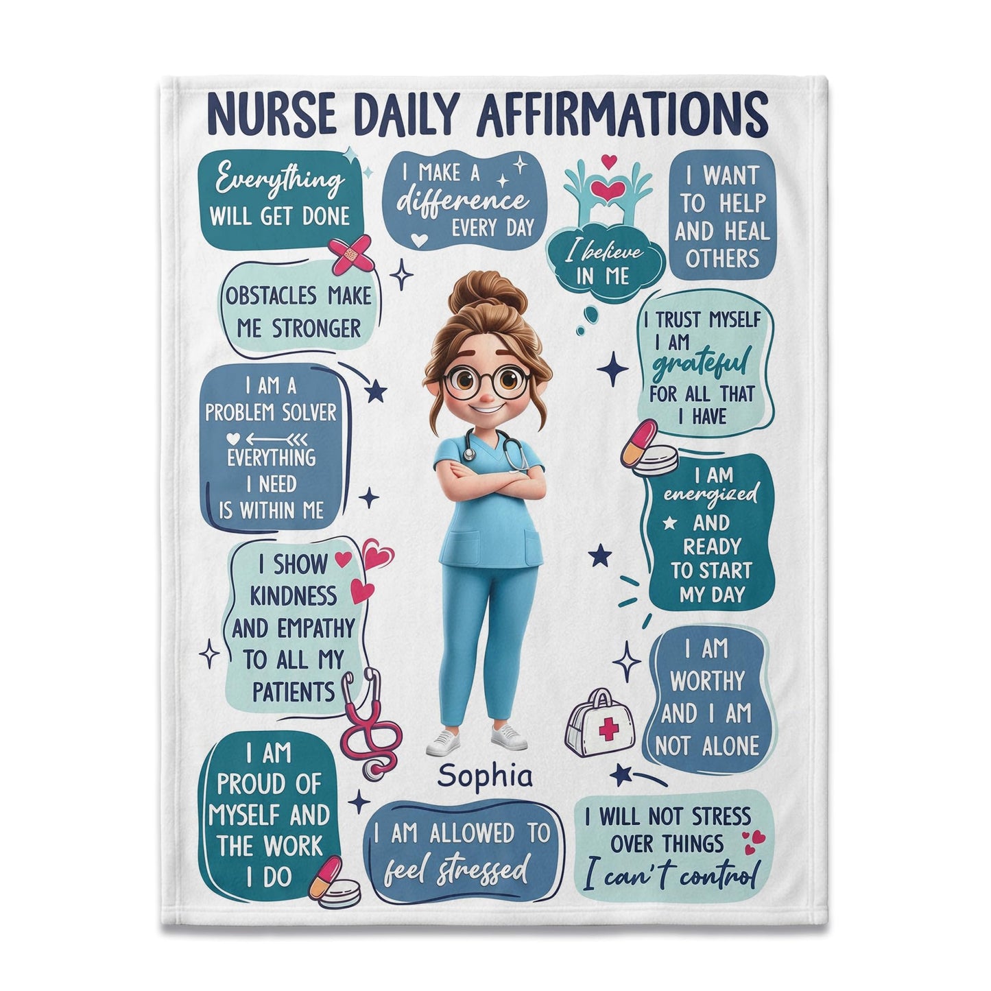 Ipplee Nurse Daily Affirmations Personalized Blanket with Custom Name, 3D Cartoon Fleece Throw for RN LPN NP Graduation, Nurses Week Appreciation Birthday for Women