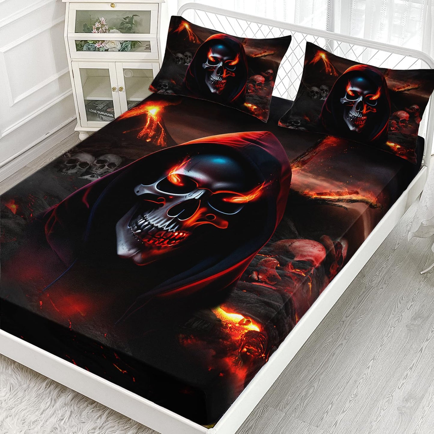 AILONEN Skull Fitted Sheet Twin XL Size, Halloween Bedding Set for Boys Girls, 3 Pieces (1 Fitted Sheet + 2 Pillow Cases)