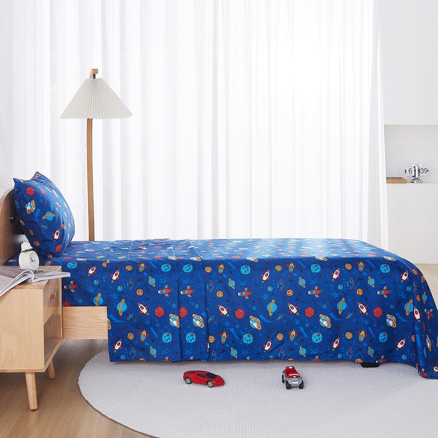 lasoftan Kids Sheet Set Twin Size, Twin Sheet Set with Space Universe Pattern，Breathable Silky Soft Microfiber Kids Fitted Sheet