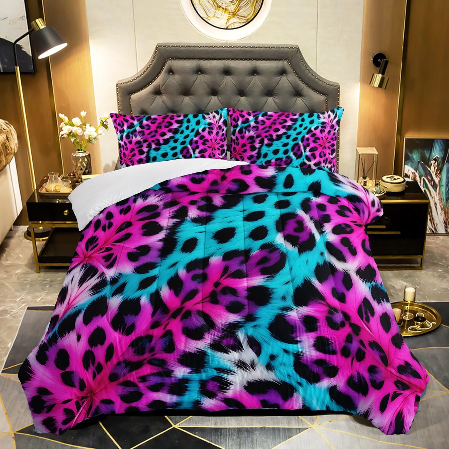 QOOMO 3Pcs Leopard Print Comforter Set Twin,Cheetah Bedding Set for Teens Boys Girls,Pink and Blue Printed Comforter with 2 Pillowcases,Down Alternative,Soft and Lightweight