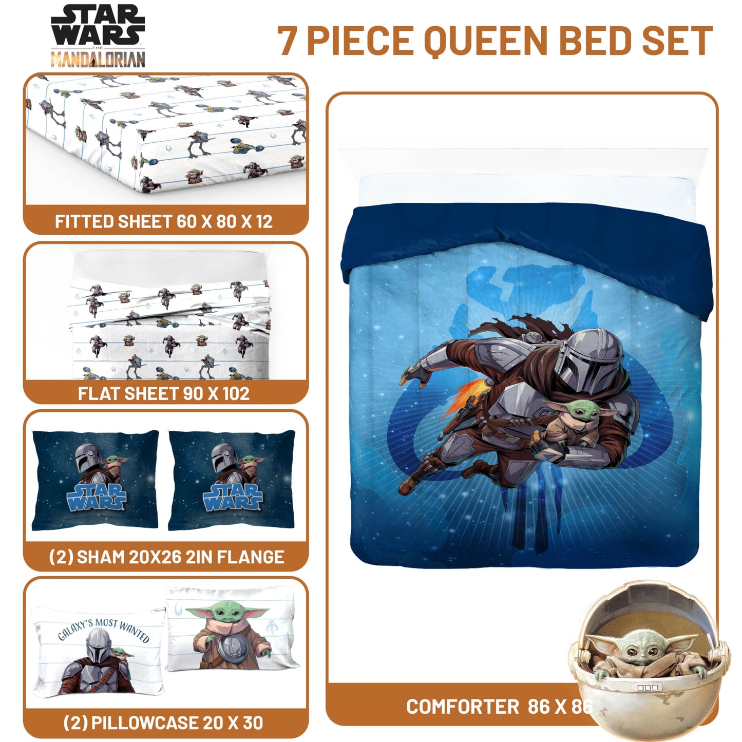 Jay Franco Kids Bed Set, Blue, The Mandalorian, 7 Piece Queen