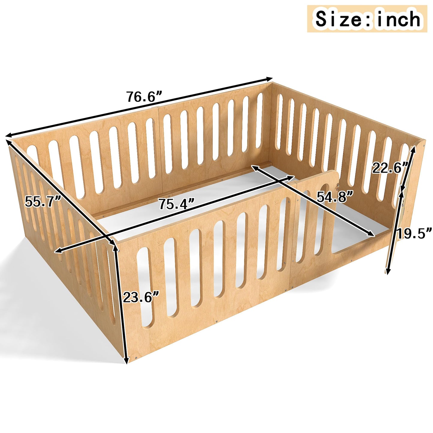 KEIKI Full Size Wood Montessori Floor Bed Frame with Door, for Girls and Boys, Modern Style Low-Profile Design Floor Bed with High Fence, Easy Assembly, No Box Spring Required, for Bedroom, Natural