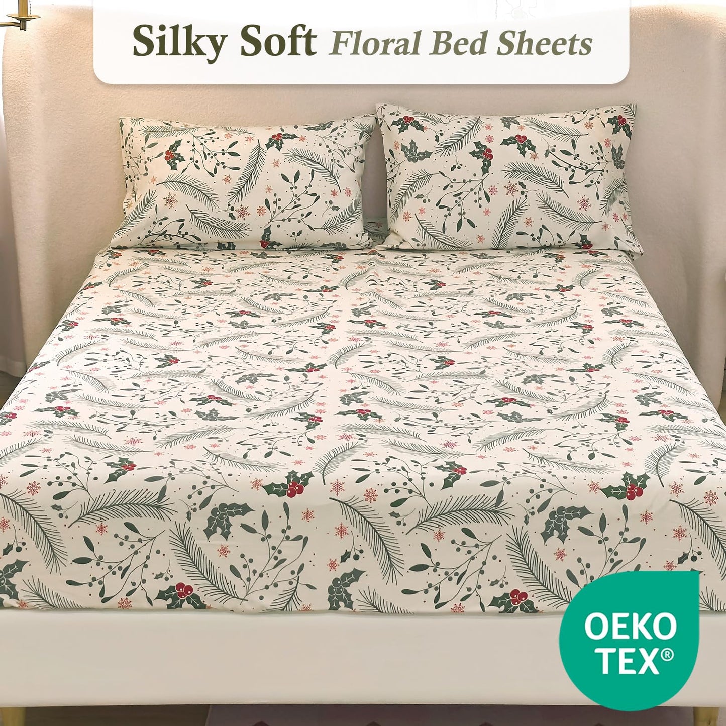 MICORAL Boho Floral Queen Sheet Set, 4-Piece Printed Botanical Bed Sheets, 16" Deep Pocket, Ultra Soft & Cooling Sheet, Oeko-TEX Certified, Beige Plants