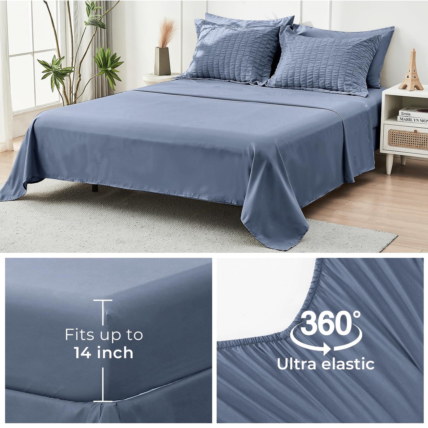 HYMOKEGE Nordic Blue Twin Comforter Set Seersucker 5 Pieces, All Season Luxury Bed in a Bag for Bedroom, Bedding Set with Comforter, Sheets, Pillowcase & Sham