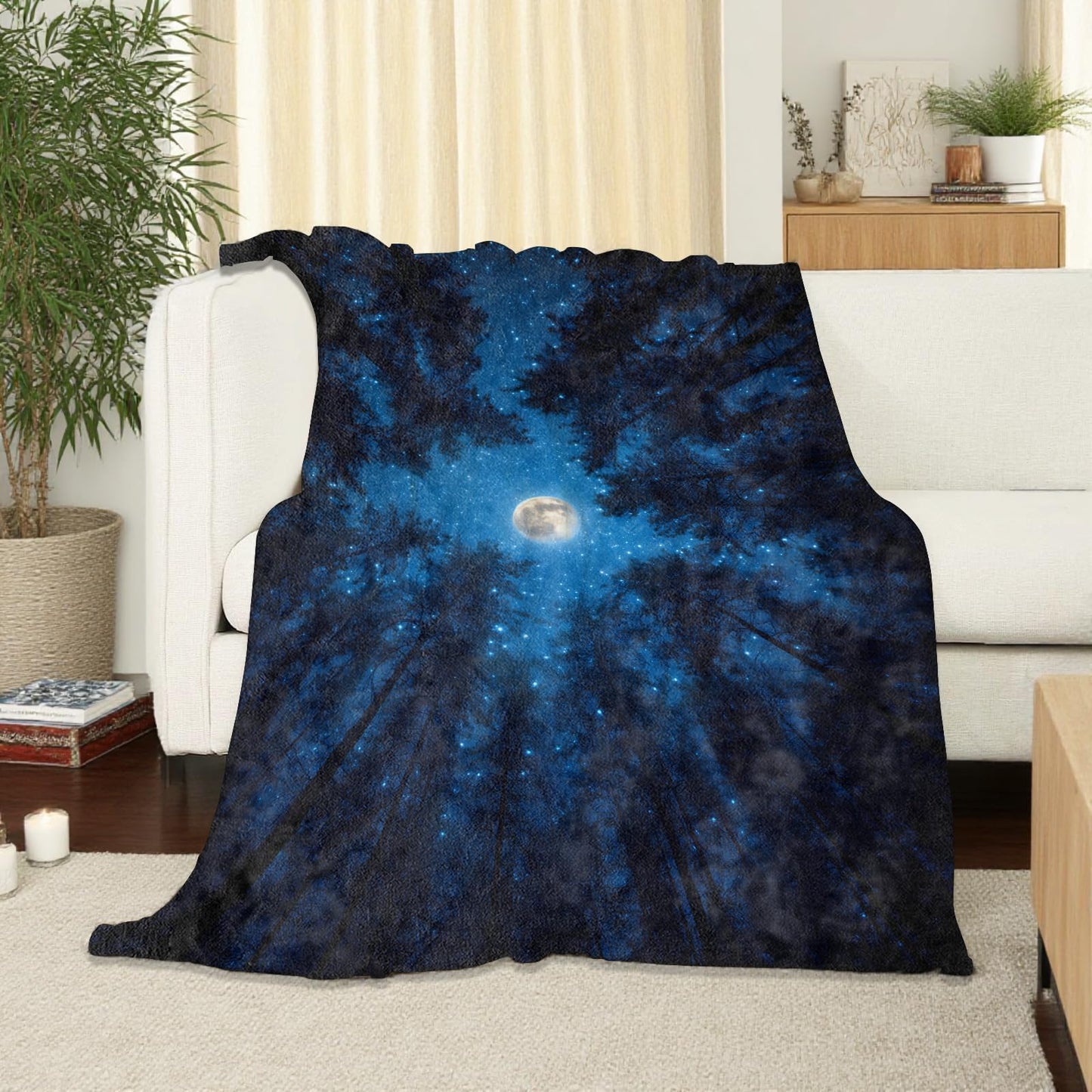 SOMEKLLY Moon Throw Blanket Soft Cozy Lightweight Flannel Blankets with Starry Night Sky and Forest Silhouette Blue Background for Nature Lovers Bedroom Dorm Office Home Decor Gifts 50x60 Inch