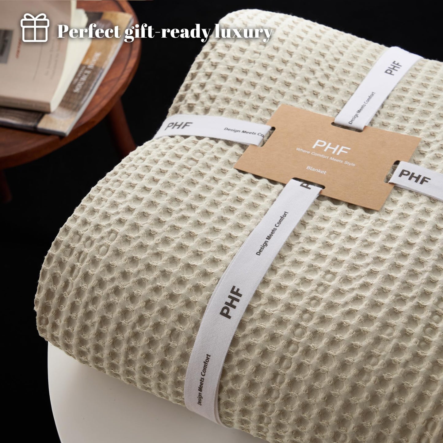 PHF Ultra Soft Waffle Weave Blanket Throw Blanket, Lightweight Breathable Cooling Skin-Friendly Throw for Spring Summer for Hot Sleeper，Aesthetic Home Decor for Bed Couch, Light Khaki/Linen, 50"* 60"
