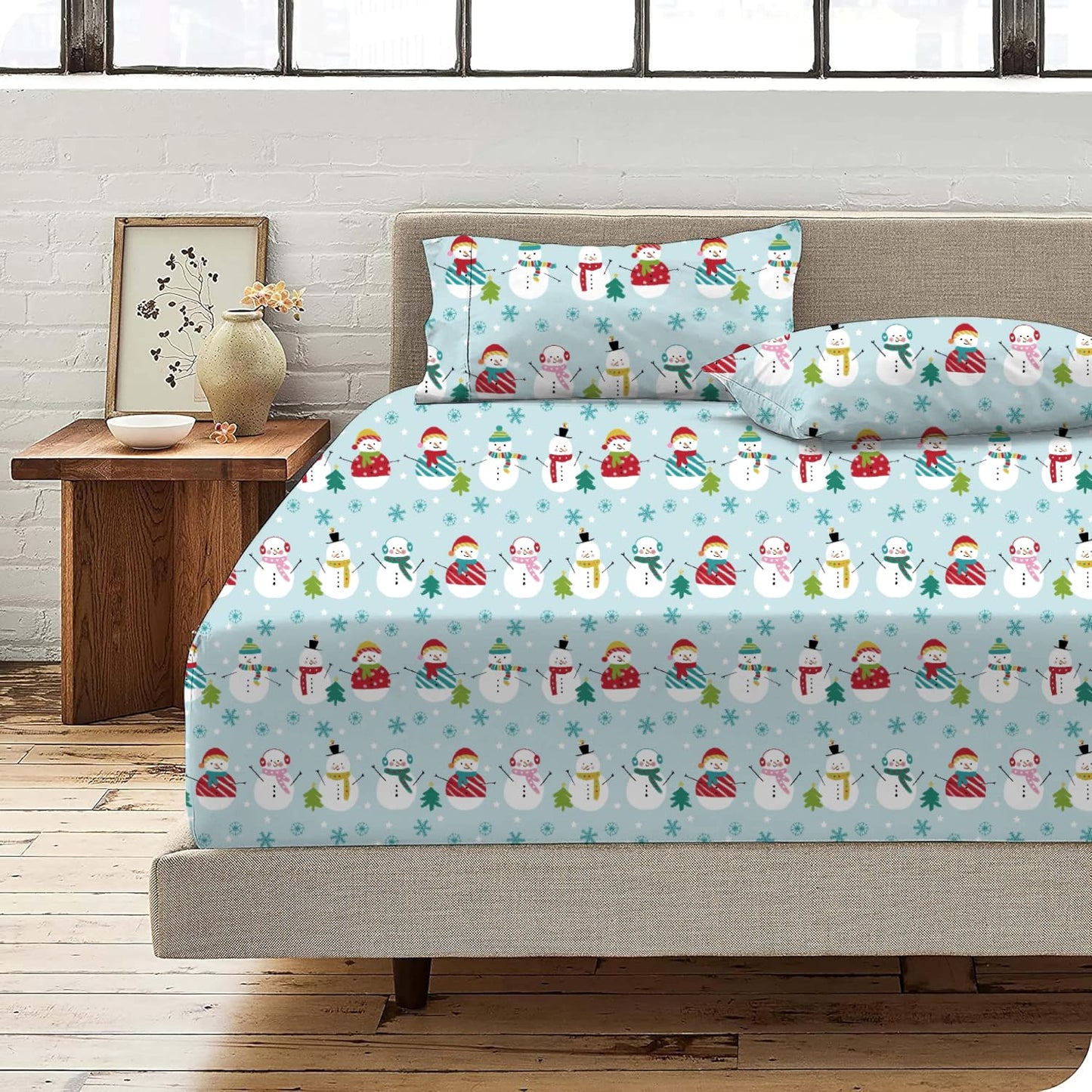 Shreem Linen Queen Sheet Set - 4 Piece Bedding - Brushed Microfiber Soft Sheets for Queen Size Bed with Flat,Fitted Sheet,2 Pillow Cases (Starry Snowmen)