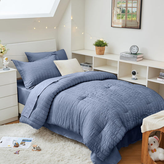 HYMOKEGE Nordic Blue Twin Comforter Set Seersucker 5 Pieces, All Season Luxury Bed in a Bag for Bedroom, Bedding Set with Comforter, Sheets, Pillowcase & Sham