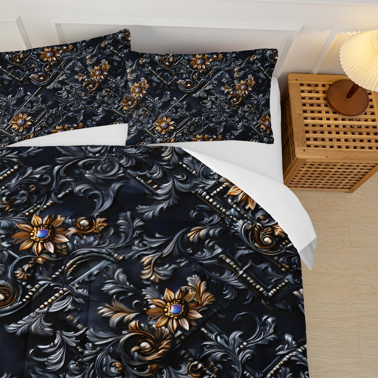 lneffble Black and Gold Floral Comforter Queen Set，Victorian Gothic Bedding Set Queen，with 1 Comforter with 2 Pillow Case，Floral Bedroom Decor Black