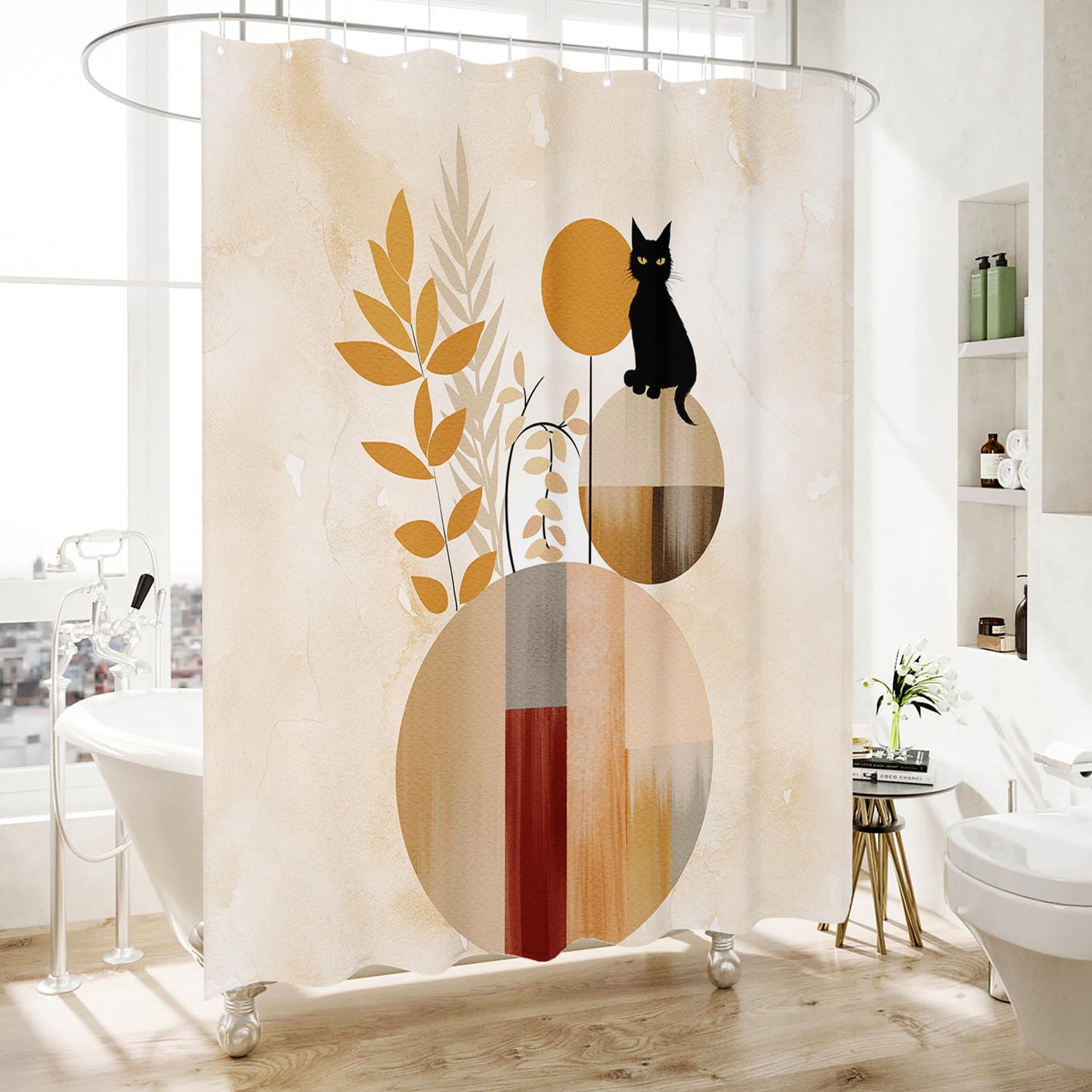 HMS Happy Memories Bohemian Plant Boho Floral Print Shower Curtain, Polyester Fabric Cloth for Bathroom Decor 72×72 Inch Standard Size with 12 Hooks, Also as Room Divider (Leaf Cat)