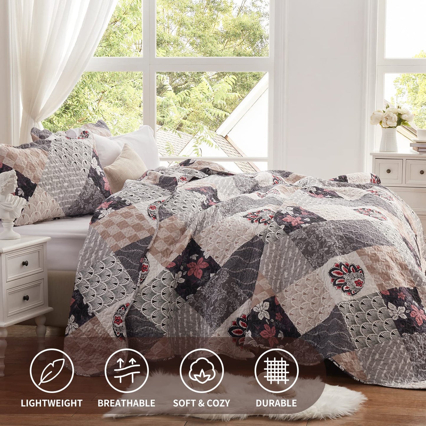 King Size Quilt Set 3 Pieces Lightweight Reversible Bedspread-98''x106'' Soft Patchwork Floral Coverlet Luxurious Warm Microfiber Bed Cover All Seasons Gray Bedding Set(1 Quilt,2 Pillow Shams)