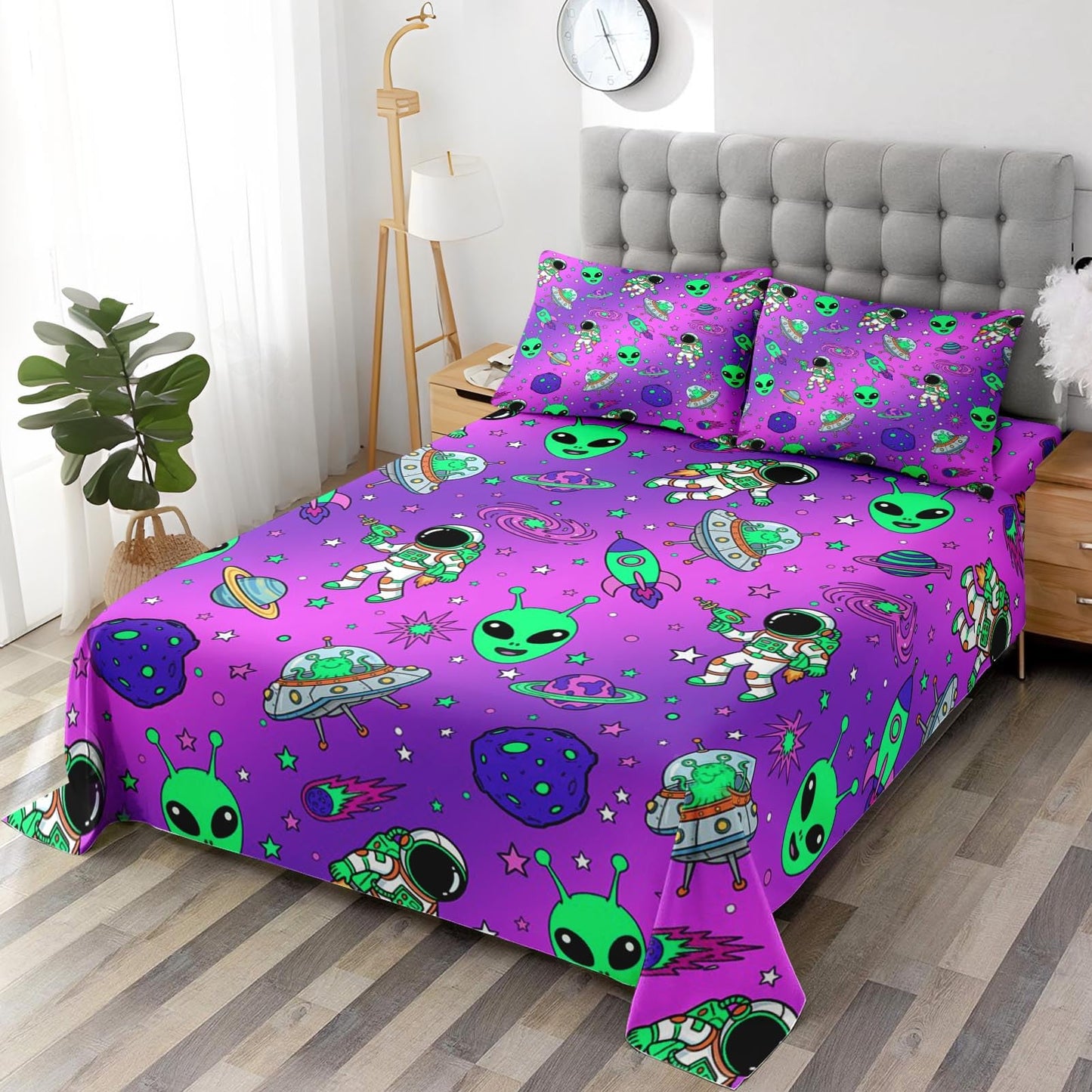 Pamnest Full Size Bed Sheet Sets, Alien Space Soft Microfiber 4 Pcs Bedding Sets for Kids and Adults Bedroom Bed Decor, Moon Neon Science Flat, Fitted Sheet and 2 Pillowcases