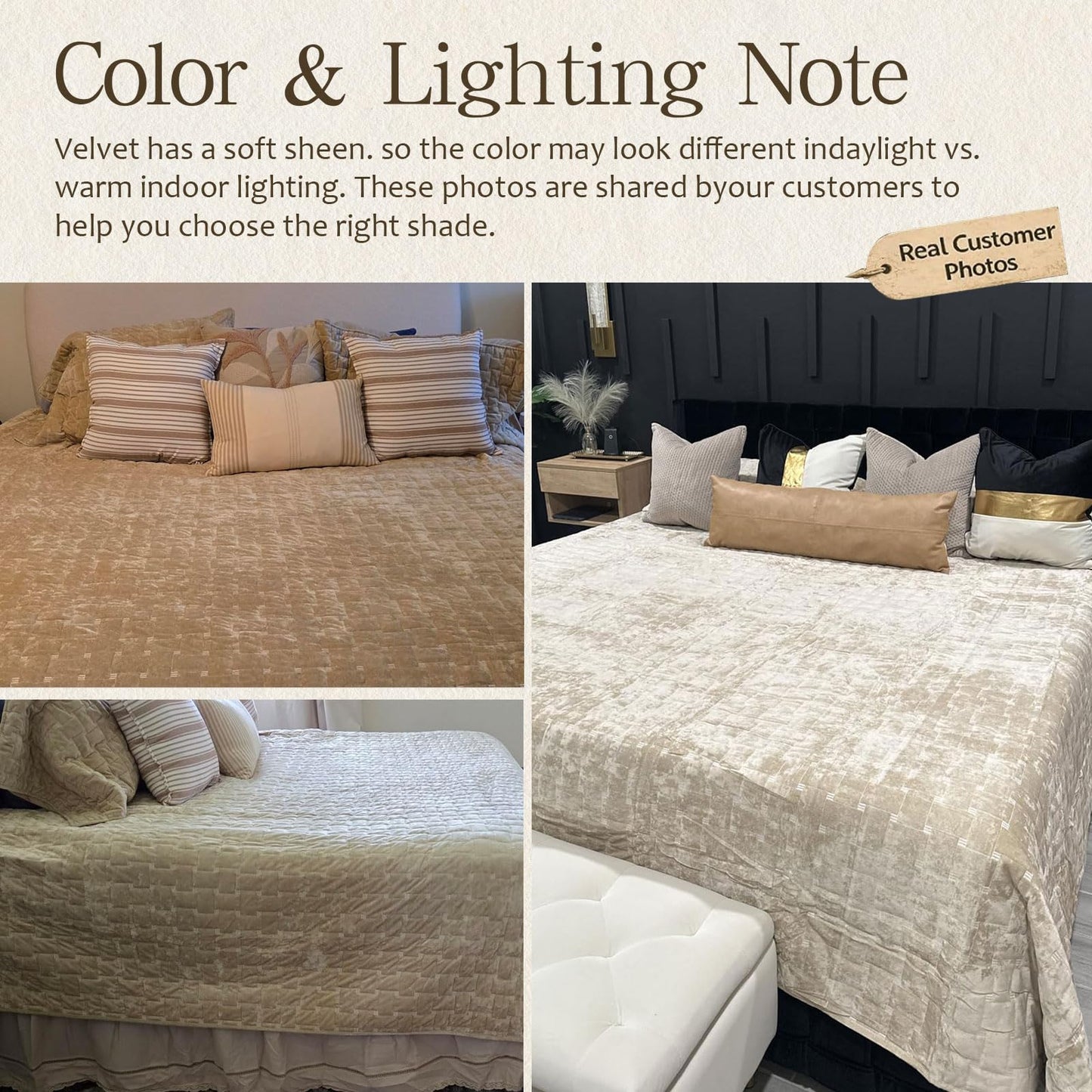 Grassix Velvet Quilt Set Queen Size, 3 Pieces Lightweight Velvet Comforter with Pillow Shams, Geometric Quilted Bedspread Coverlet Bedding Set for All Seasons, Beige, 90"x96"