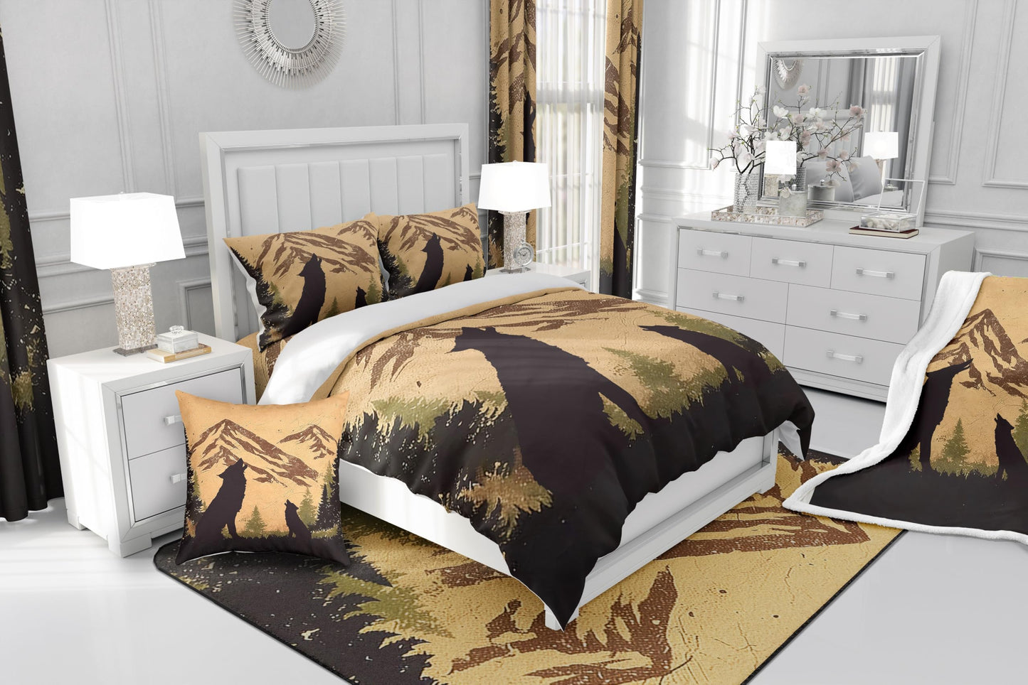 Howling Wolf Bedding Set Full Size,Hunting Wildlife Theme Comforter Set for Kids Boys Men Teens Room Decor,Retro Rustic Farmhouse Duvet Insert 3Pcs,Nature Animal Silhouette Quilt Set,2 Pillowcases